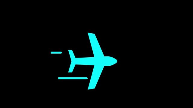 An airplane icon with motion lines represents fast air travel. Airplane is flying on background. cyan color Simple plane icon flay icon animation. Airplane flies in sky. on black background.