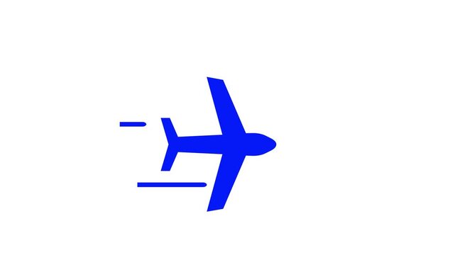 An airplane icon with motion lines represents fast air travel. Airplane is flying on background. Blue color Simple plane icon flay icon animation. Airplane flies in sky. on black background. 4k