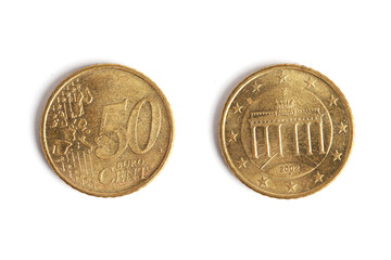 Coin with face value of fifty euro cents, highlighted on white background. Euro currency.