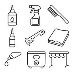 Chain Care Essentials. Outline style icon of Chain Care Supplies: chain lube bottle, degreaser spray, cleaning brush, chain keeper