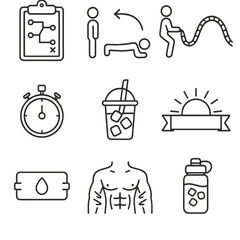 Morning Fitness Icons. Outline style icons of Morning Fitness: HIIT circuit board, burpee motion arrows, battle rope wave,