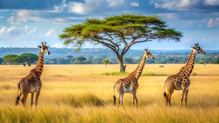 Fototapeta premium Three giraffes roaming freely in a sunny savannah landscape with tall grass and acacia trees at Mombasa National Park