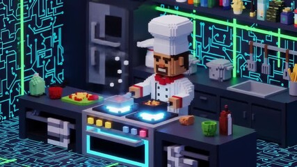 Pixel Art Chef Cooking in Futuristic Digital Kitchen with High Tech Appliances and Ingredients. - Powered by Adobe