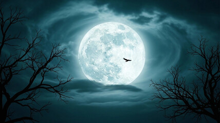 Fototapeta premium Enchanting full moon illuminates a dramatic dark night sky, framed by bare tree silhouettes, as a bird soars through the mystical lunar glow.