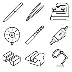 Metalworking Tools Icons. Outline style icons of Metalworking Tool: keyway file, pinning tweezers, plug follower, code cutter