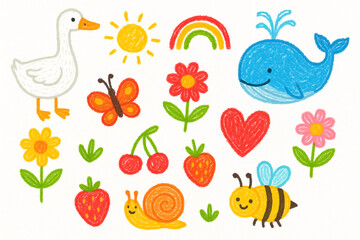 Kids crayon drawings of animals and nature in colorful style