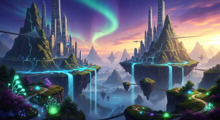 Stunning futuristic cityscape with aurora borealis and floating islands for fantasy game or book cover art