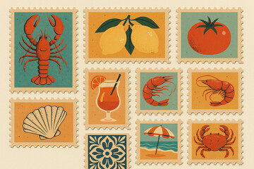 Vintage Mediterranean postage stamp illustrations with seafood and fruits