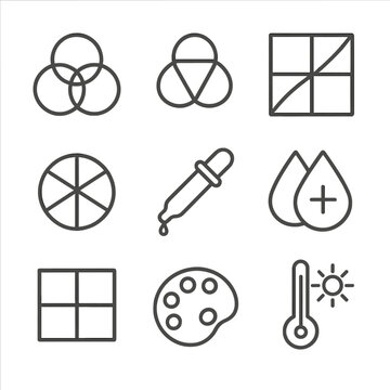 Color Editing Icons. Line style icons of color editing tools: RGB icon, HSL icon, tone curve, color wheel, eyedropper, selective