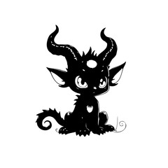 Cute horned demon creature design showcases intricate details in black and white illustration style that captivates