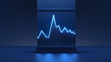 Futuristic glowing data visualization graph with neon light bars and line chart on dark background