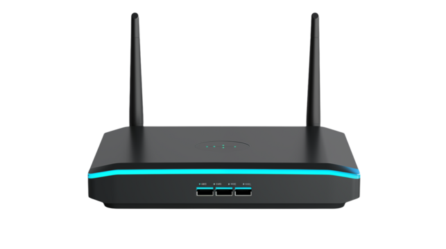 A close up view of a black router with two antennas and a blue light on a black background