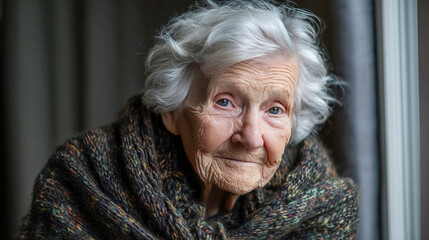 Elderly woman with silver hair in cozy knitted shawl, warm portrait of elderly lady indoors