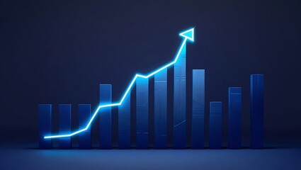 Futuristic glowing data visualization graph with neon light bars and line chart on dark background