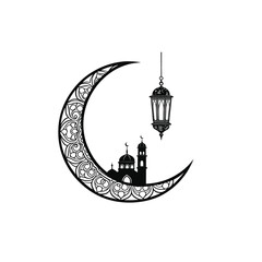 Ramadan Crescent Moon with Lantern | Islamic Festival Vector Silhouette Icon
