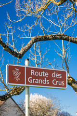 Route des Grands Crus road sign in Puligny Montrachet, Burgundy, France