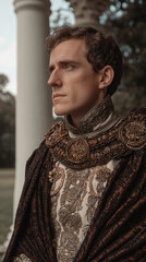 Royal Elegance Fashion Portrait Regal Historical Costume Outdoors Male Character Styled Nature Dramatic Heritage Culture Vintage Luxurious Formal Art Grandeur Scenic Monument Sunlight Pose Aristocracy