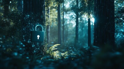 A padlock attached to a tree in a forest with ferns and other trees in the background in a dark scene