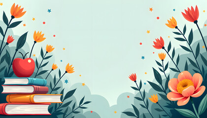 Fototapeta premium This illustration depicts a cheerful scene with books, apple, and flowers, perfect for educational themes.