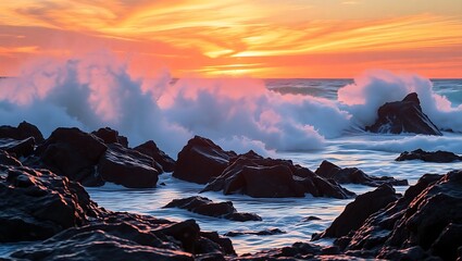 Golden hour ocean waves crashing on dark rocks image