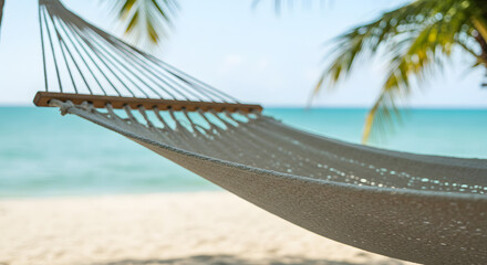 Serene Beach Hammock: Tranquil Relaxation, Tropical Getaway, Vacation Idyll,  Soft Light,  Ocean View.