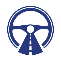 Blue steering wheel symbol with road and white lines on white background automobile transport