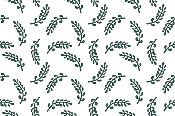 Beautiful natural seamless pattern of  dark green plant on  white background. Abstract environmental plant, forest, meadow. Flat design. For wallpaper, textiles, packaging, backgrounds and websites.