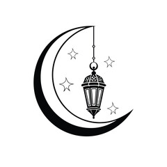 Ramadan Crescent Moon with Lantern | Islamic Festival Vector Silhouette Icon