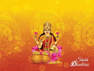 Shubh dhanteras celebration with golden coin in pot and oil lamp