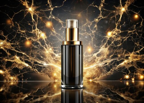 High-end cosmetics bottle on luxurious black and gold marble background with sparkling gold accents