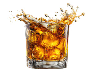 Amber liquid drink in a glass with ice and splash