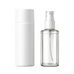 Two white and clear cosmetic containers.  One is a tall, cylindrical plastic bottle, the other a smaller, cylindrical glass spray bottle.  Both are blank