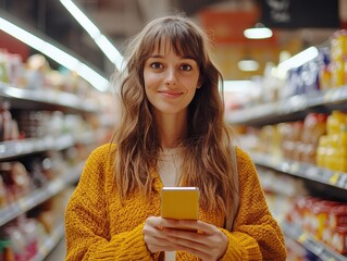 Portrait of happy woman buying groceries in supermarket and looking at camera. Purchasing Goods with Smartphone at Grocery Store. Female customer shopping with smartphone checklist