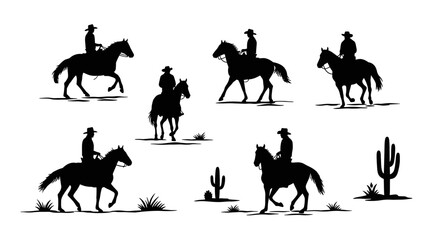Fototapeta premium Collection of Silhouette Cowboy Figures Riding Horses in a Desert Landscape with Cacti and Sparse Vegetation Illustrating Western Americana and Equestrian Activities