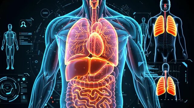 Human Anatomy Exploration: A detailed, illuminated depiction of the human body showcases the intricate organs and systems in a blend of medical precision and artistic visualization.