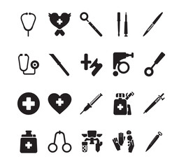 Obraz premium Doctor Tools Silhouette Icon Set – Flat Black Medical Vector Bundle