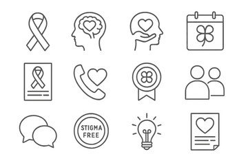 Mental Health Icons. Line style icons of mental health awareness: awareness ribbon, brain icon with heart, mind care badge,