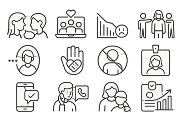 Youth Mental Health Icons. Line style icons of youth mental health: teen talk icon, online peer group, exam stress chart, social