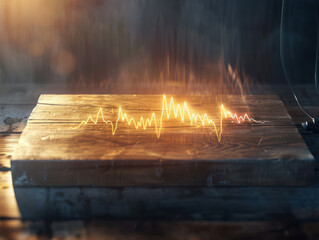 Glowing waveform on a rustic wooden surface with a blurred background and visible cable detail