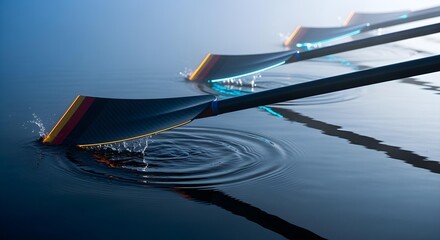 Close-up of oars dipping into clear water, creating ripples