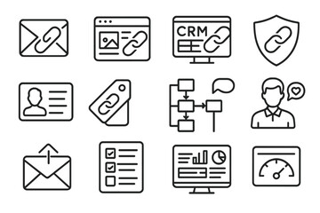Link Building Icons. Line style icons of link building outreach: email pitch icon, guest post icon, outreach CRM screen, link