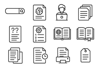 Knowledge Base Icons. Line style icons of knowledge base: search help bar, knowledge article icon, self-service icon,
