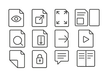 File Preview Icons. Line style icons of file preview and actions: eye preview icon, open with icon, full screen document, page