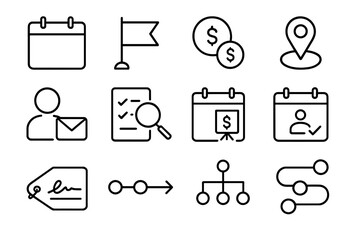 Fundraising Timeline Icons. Line style icons of fundraising timeline: pre-seed calendar icon, seed round date, Series A milestone,