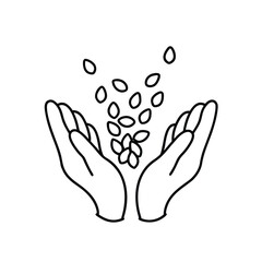 Minimalist Line Drawing of Cupped Hands Receiving Falling Seeds in Monochrome Outline Style