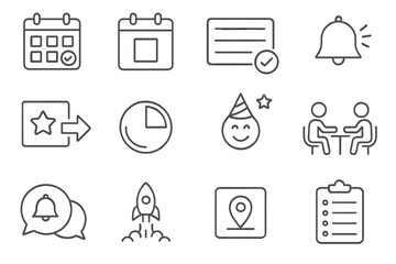 Event Planning Icons. Line style icons of event planning: event calendar, date selector, RSVP form, event alert, schedule invite,
