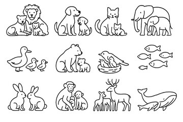 Animal Family Icons. Line style icons of animal families: lion family, dog with puppy, cat and kitten, elephant herd, duck with