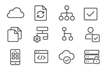 Digital Workflow Icons. Line style icons of digital workflow tools: cloud storage, file sync icon, workflow icon, task manager,