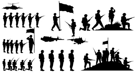 Collection of Silhouetted Military Personnel and Aircraft Depicting Various Combat and Ceremonial Scenarios Showcasing Uniforms and Equipment