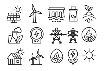 Renewable Energy Icons. Line style icons of renewable energy sources: solar panel, wind turbine, hydroelectric dam, geothermal